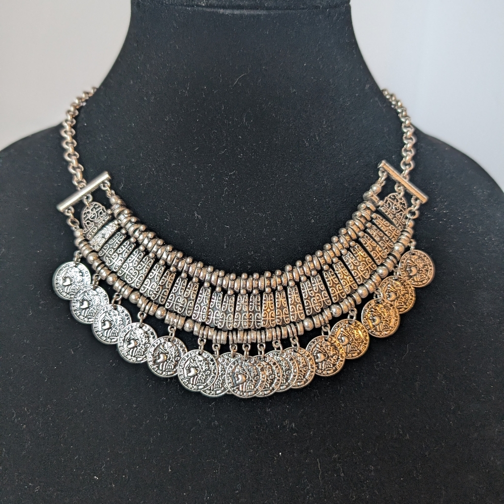 ViVI NWT Silver Coin Necklace With Intricate Details Boho Art To Wear